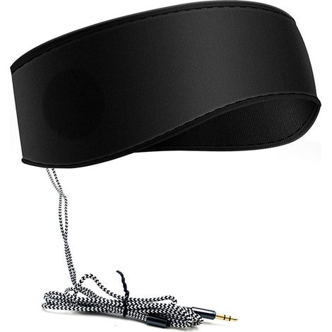 Noir Bandeau de sommeil musical avec casque, bandeau de voyage élastique doux filaire de 3,5 mm avec haut-parleur fin, casque de musique de sommeil confortable (1/3)