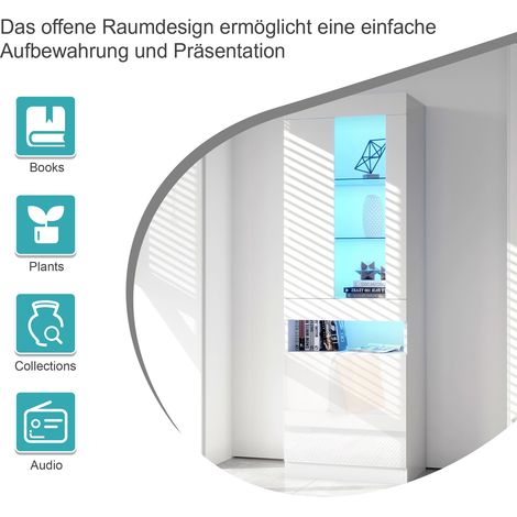 Vitrine avec éclairage LED, meuble vitrine debout, armoire de rangement pour salon en blanc, buffet avec spots LED, étagère d'exposition pour séjour, meuble de rangement à LED (1/5)