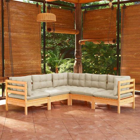 vidaXL Muebles de jardín 5 pzas y cojines madera maciza de pino crema (1/5)