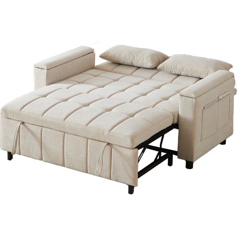 Sofá cama 2 plazas 3 en 1 de chenilla beige con almacenaje y estructura metálica (1/5)