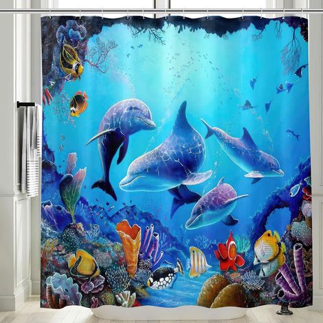 Rideau de douche en tissu 180 x 200 cm avec dauphin, anti-moisissure, imprimé océan et mer, en polyester imperméable, motif bleu, fond bleu marine, bain de poissons (1/4)