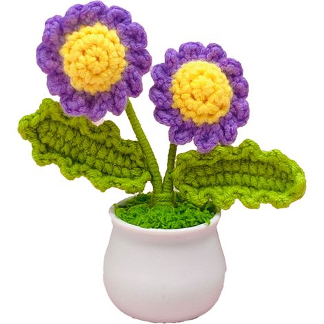 Décoration florale tricotée - Tournesol et camomille violette en pot, artisanat fait main, ornement intérieur chaleureux et coloré (1/5)