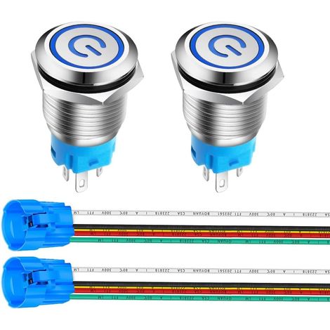 2pièces 16mm Acier Inoxydable Verrouillage Bouton Poussoir Interrupteur, LED de Symbole d'alimentation 12V-24V 5A Interrupteur à Levier Étanche avec Fiche à Douille (LED Bleue) (1/5)