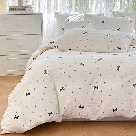 Parure de lit pour fille - 135 x 200 cm - Blanc et noir - Avec nœuds et cœurs - En microfibre - Housse de couette 135 x 200 cm et 1 taie d'oreiller 80 x 80 cm (1/5)