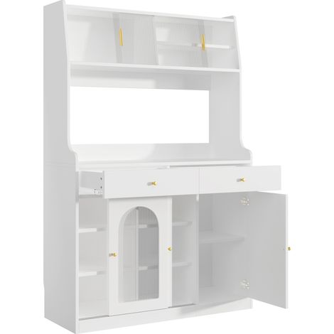 Buffet en MDF et PB avec LED multicolore, 120x40x180 cm, 2 tiroirs et étagères réglables, blanc (1/5)