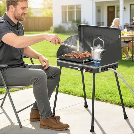 Barbacoa de Gas Portátil 2 en 1 Propano 7 kW de Mesa o de Pie con Plancha Grande Patas Desmontables Negro (1/5)