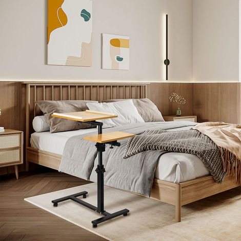 Hofuton Table d'ordinateur réglable en hauteur support pour ordinateur portable table d'appoint avec roulettes 2 barres d'arrêt couleur du bois (1/5)