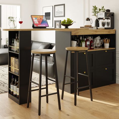 Lote de 2 taburetes de bar, asiento efecto madera, estructura metálica negra, patas regulables, reposapiés dobles (1/5)