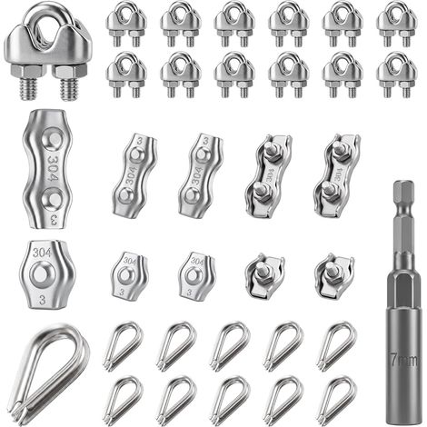 31 Pièces M3 Serre Cable Inox 304 Kit, Serre Cable Acier 3mm (1/5)