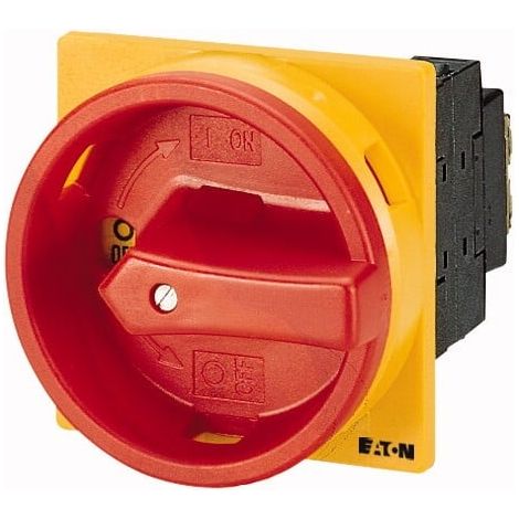 Eaton Interruptor principal, P1, 32 A, montaje empotrado, 3 polos + N, 1 NA, 1 NC, función PARADA DE EMERGENCIA, con maneta giratoria roja y corona de bloqueo amarilla, bloqueable en posición 0, 05785
