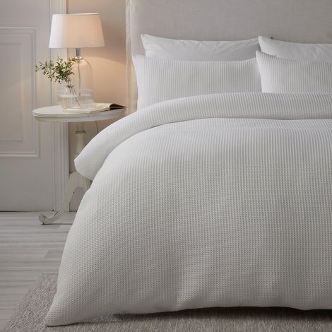 Housse de Couette gaufrée Blanche pour lit Simple (140 x 200 cm) - Doux au Toucher - Blanc - Housse de Couette texturée à Motif de Grille - Literie plissée (1/3)