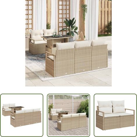 Gartentisch -  Gartensofa-set mit Speicher 6 pcs Beige und Creme Poly-Rattan (1/5)