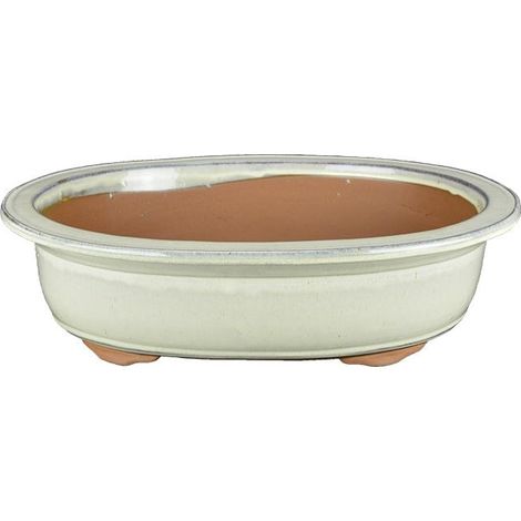 Vaso per bonsai ovale in gres smaltato bianco 33x26x6 cm - J024c