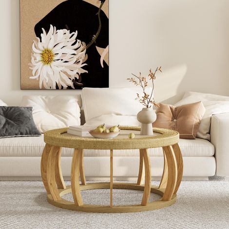 Vintage Rattan Solid Wood Round Coffee Table, Curved Legs Boho Accent Table for Dining Room, Kitchen And Living Room,Natural (1/5)