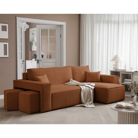 Ecksofa Schlafsofa Sofa ADARA inkl. Hocker Stoff Poso Rostbraun Ottomane Rechts