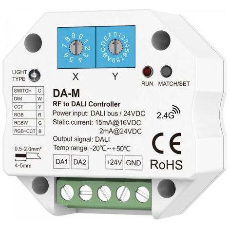 Controller RF a DALI DA-M Convertitore 2.4GHz per LED Compatibile RGB RGBW CCT Dimmer DT6 DT8 Controllo Remoto Multi Zona Alimentazione Bus DALI o 24V