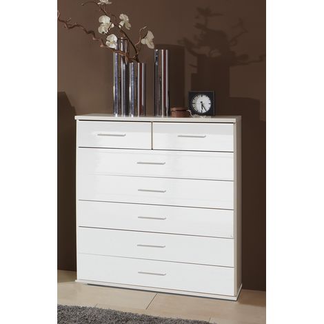 Commode à tiroirs, meuble de rangement coloris blanc cassé, blanc - Longueur 90 x Hauteur 106 x Profondeur 40 cm (1/3)