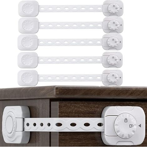 Das 5-teilige Set beinhaltet einen Türstopper für Babys, einen transparenten Schubladenverschluss und eine Fenstersicherung für Kühlschrank/Schrank.