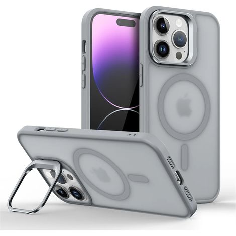 (iPhone 13 mini, gris) Étui de téléphone magnétique antichoc pour iPhone avec support et protection d'objectif en verre. (1/3)