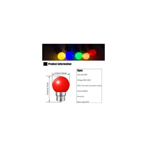 Lot de 20 ampoules led couleur b22 ampoules baïonnette 2w Rouge, Jaune, Orange, Vert, Bleu,Incassable (équivalence 20W)