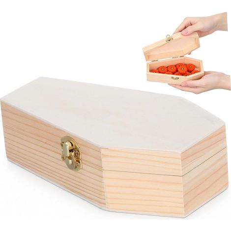 Beige Wooden Coffin Box, Portable Halloween Jewelry Box (1/5)