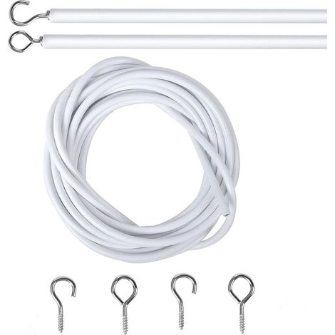 2M Cable pour Rideaux, Blanc Fil de Rideau avec 2 Pièces Piton à Visser Boulons à Oeil et 2 Pièces Crochets à Visser, Câble de Rideau Enduite de Plastique, Cable Rideau Tringle Rideau Souple (1/5)
