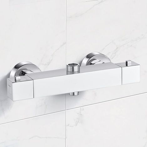 Barre de douche carrée thermostatique en laiton chromé - Sortie de robinet inverseur BSP (26.4 mm) + bas 1/2" BSP (21 mm) (1/5)