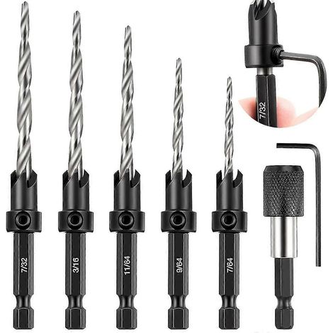 Jeu de 5 forets à fraiser coniques pour le travail du bois, compatibles avec les vis de 4, 6, 8, 10 et 12 mm, avec porte-foret de rechange. (1/5)