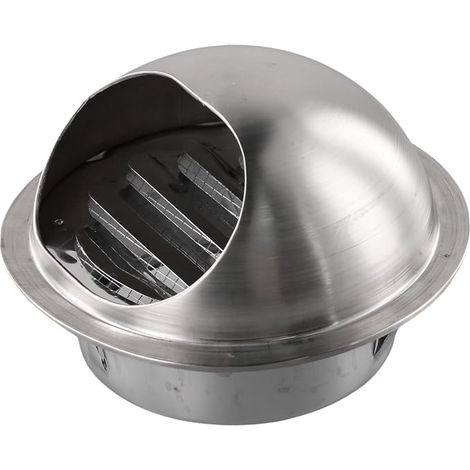 Salida de pared exterior de acero inoxidable cepillado con diseño de ojo de buey, fijaciones de tornillo y rejilla fina para sistemas de ventilación de baños y cocinas (100 mm). (1/5)