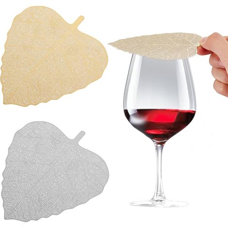 Lot de 4 couvercles à verre à vin en acier inoxydable, motif feuille, 2 couleurs. Couvercle ajouré en maille pour verre à vin, protégeant des débris et des insectes. (1/4)