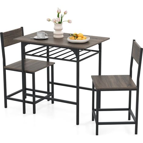 COSTWAY Set da Pranzo per 2 Persone, Set da 3 Pezzi di Tavolo Rettangolare in Legno e Sedie con Struttura in Metallo e Ripiano di Stoccaggio, per Angolo Colazione e Sala da Pranzo (Grigio) (1/5)