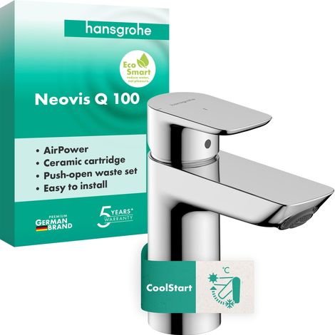 Mitigeur de lavabo sans vidage, économie d'énergie (CoolStart), robinet de salle de bain avec bec Hauteur 96 mm, Mitigeur lavabo économe en eau (EcoSmart), chrome, 71353000 (1/5)