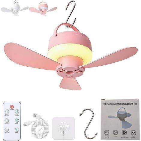Ventilateur Suspendu Rechargeable avec Lumière LED, Télécommande et 5 Vitesses,Rose (1/5)