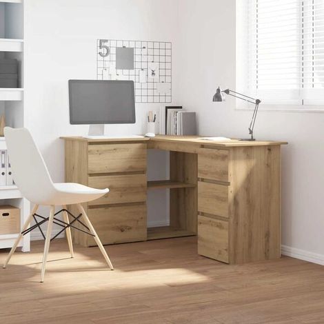 Table d'angle en bois massif chêne, 145x100x76 cm, plateau en bois ingénierie (1/5)