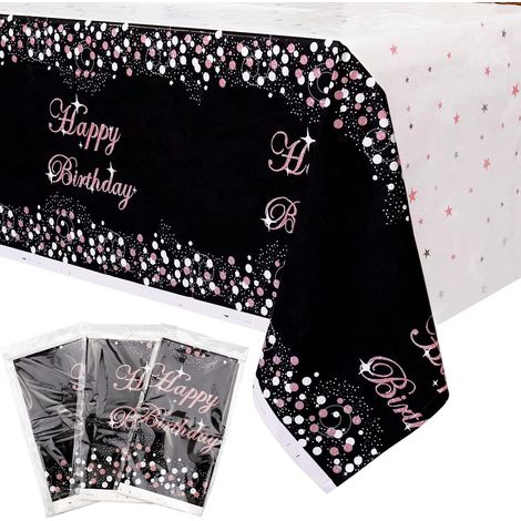 Lot de 3 nappes décoratives en plastique, 130 x 218 cm, pour fête d'anniversaire, noir et or rose.