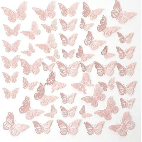 Lot de 48 autocollants muraux 3D en forme de papillon, rose amovibles, papillon décoration murale, papillon 3D décoration, autocollants muraux papillon, pour fête (rose) (1/5)