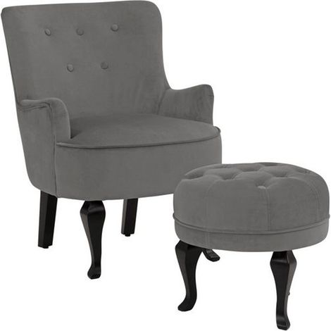 Fauteuil + tabouret en velours gris (1/5)