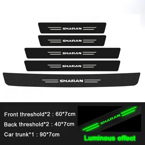 (5 pièces) Autocollants de protection lumineux de seuil de porte de voiture avec logo VW SHARAN,bandes de protection de pare-chocs arrière et de coffre (1/3)