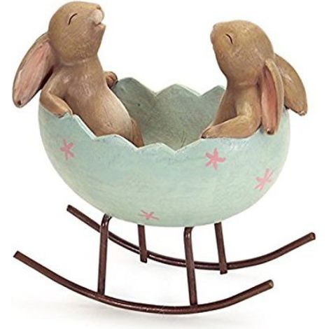 Lapins rieurs se balançant dans un œuf de Pâques, décoration printanière de Pâques, style rustique vintage, statue de lapin (Lapins dans un œuf) (1/5)