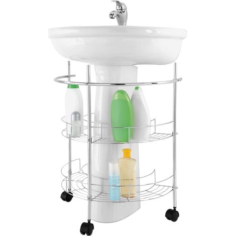 Carrello sottolavabo in acciaio cromato con 2 ripiani e rotelle (1/6)
