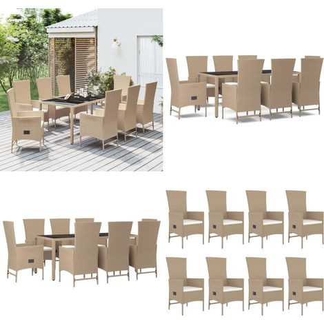 Set da Pranzo da Giardino 9 pz con Cuscini Beige in Polyrattan - Sedie da giardino reclinabili - Tavolo da giardino