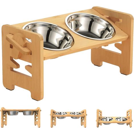 Erhöhte Futterstation für Haustiere, Bambus und Edelstahl, höhenverstellbar von 6,5 bis 18 cm, Schüssel-Durchmesser 14,5 cm, 530 ml Fassungsvermögen (1/5)