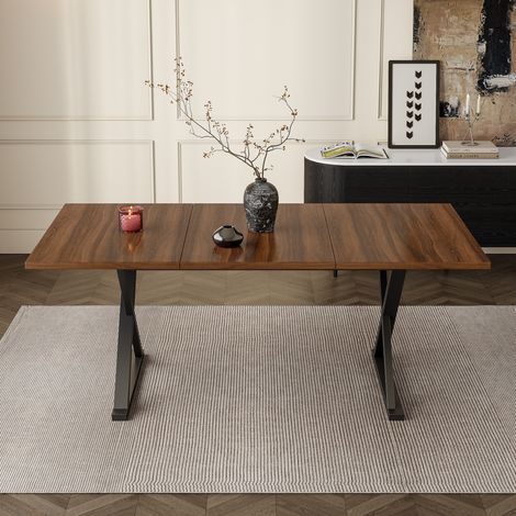 Mesa de comedor de 180 x 90 x 75 cm, estilo moderno, tablero MDF color nogal y patas metálicas en X (1/5)