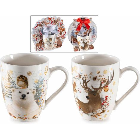 Tasses de Noël en porcelaine décor animaux de la forêt, coffret cadeau découpé avec nœud, lot de 4, tasse : diam. 8 cm x H. 10,5 cm