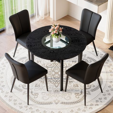 Table ronde noire effet bois 100 cm + 4 chaises noires similicuir PU pieds métal, ensemble moderne minimaliste pour salon