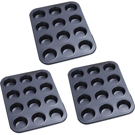 Moule à gâteau en acier au carbone, 3 pièces, 12 cavités, antiadhésif, rond, pour muffins, tartelettes aux œufs, etc. - Noir (1/5)