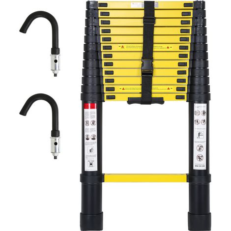 Jiubiaz Escalera telescópica negra Pro 3,8m con ganchos, 150kg, antideslizante