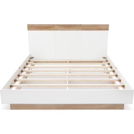Schwebendes Doppelbett 180x200 cm mit Kopfteil, Lattenrost, Holz, Weiß und Sonoma-Eiche (1/5)