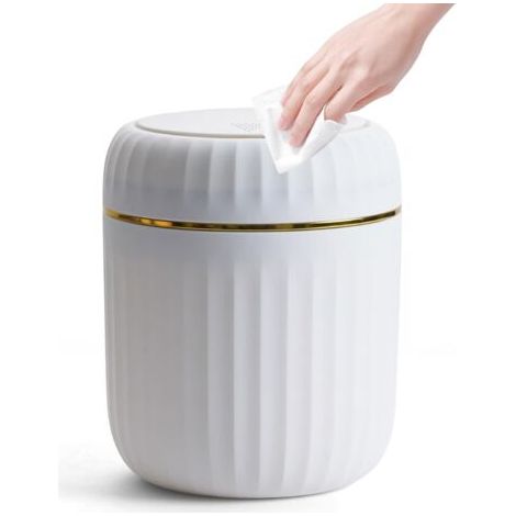 QORVA-Poubelle de Table Avec Couvercle à Bouton-Poussoir, 2L Mini Poubelle Salle de Bain, Poubelle de Bureau Poubelle Salle Bain pour Salon, Bureau, Blanc (13×13×16cm)