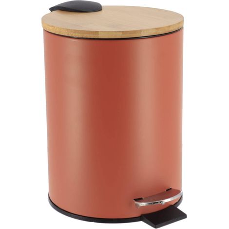 Tendance – Poubelle à pédale 3L en métal terracotta – Couvercle en bambou avec frein de chute – Seau intérieur amovible – Pour salle de bain